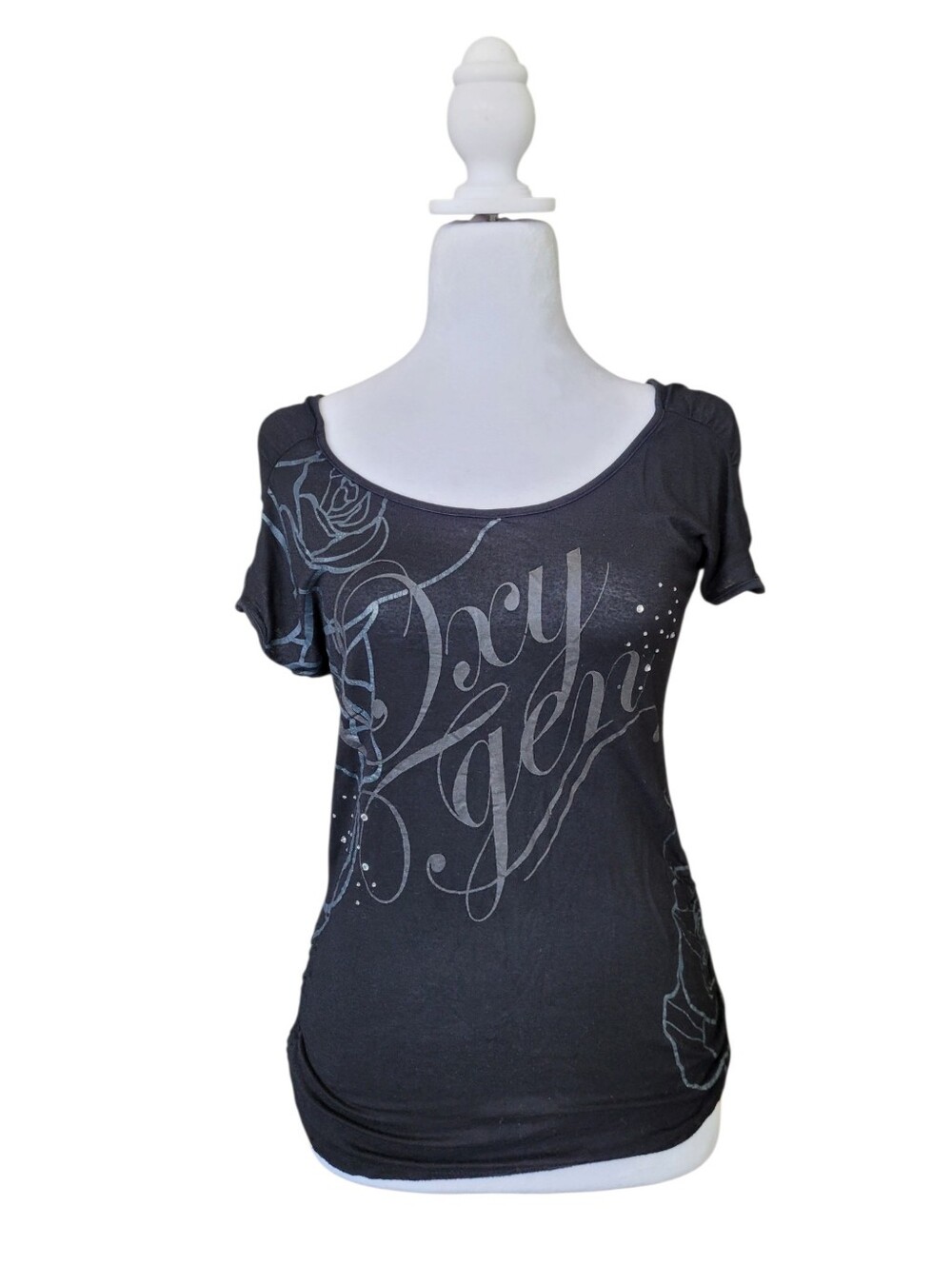 Vintage Y2K Cyber Grunge Black Graphic Short Sleeves Tee With Rhinestones Large